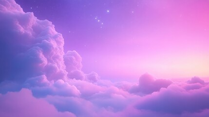 Wall Mural - A sky with clouds and stars. The sky is purple and the clouds are white. The stars are scattered throughout the sky