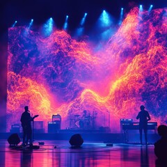 Wall Mural - A band performs on stage with a vibrant, colorful backdrop.