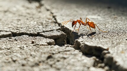 Ant Navigating Cracks in Surface Close Up