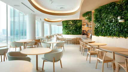 Sticker - A modern dining area featuring light wood furniture and lush green wall plants, creating serene and inviting atmosphere. large windows provide ample natural light, enhancing overall ambiance