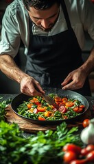 Canvas Print - A chef carefully preparing a dish with tomatoes, herbs, and garlic.