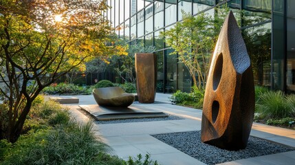 Poster - Modern Landscape Courtyard with Artistic Sculptures