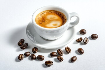 A steaming cup of hot espresso alongside scattered coffee beans on a bright white table