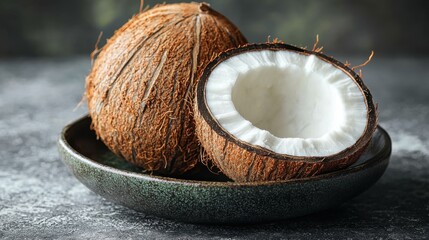 Fresh coconut, whole and halved, placed on a ceramic plate, showcasing the rough shell and white flesh on a textured background.