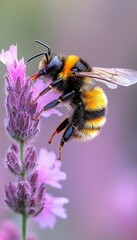 Wall Mural - A close-up shot of a bumblebee collecting nectar from a lavender flower.