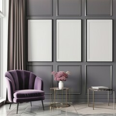 Modern and elegant living room interior with three blank picture frames mockup on a gray wall, a purple velvet armchair, and stylish decor