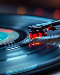 A close-up shot of a record player needle playing a vinyl record. The needle is in focus, while the record is blurred, creating a sense of movement.