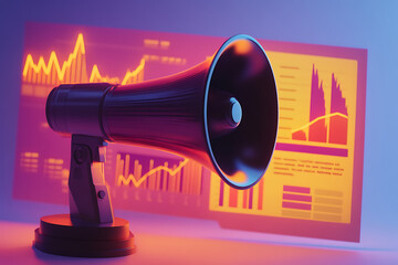 Poster - A megaphone beside a digital display of data and graphs, symbolizing communication and analysis.