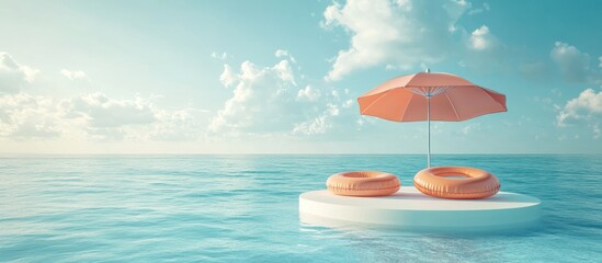 Wall Mural - A pastel pink beach umbrella and two inflatable rings on a white platform in the middle of a turquoise ocean.