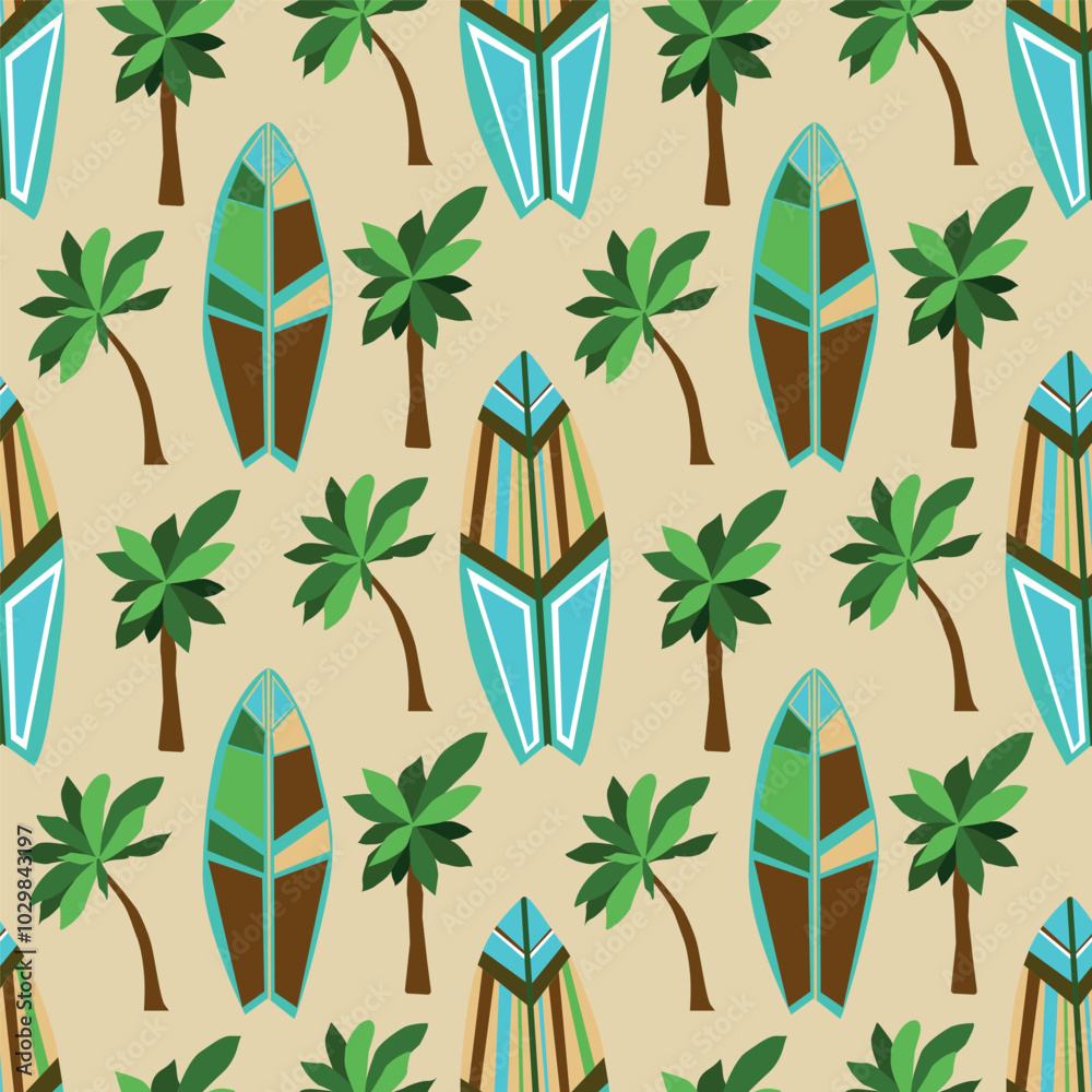 Seamless vector pattern with surfboards and tropical palm trees on a ...