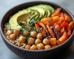 Canvas Print - A close-up view of a buddha bowl with quinoa, chickpeas, avocado, roasted bell peppers, and butternut squash.