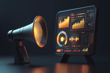 Poster - A megaphone and a digital screen displaying sound data and analytics.