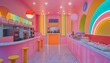 © Chawakorn - A colorful and modern cafe interior with pink walls, a marble counter, and colorful neon lights.