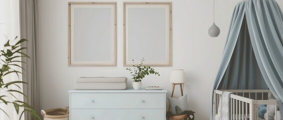 Modern, bright and airy nursery with a crib, a dresser, a houseplant and two empty picture frames for your design