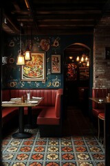 Poster - A cozy restaurant booth with red leather seating, wooden tables, and vintage decor.