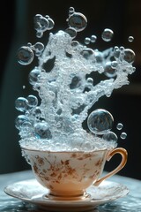 Poster - A cup of tea with a magical burst of bubbles, rising up from the cup like an eruption.