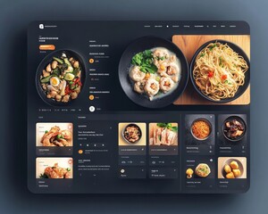 A dark-themed website interface for an online food ordering platform, displaying a variety of Asian dishes.