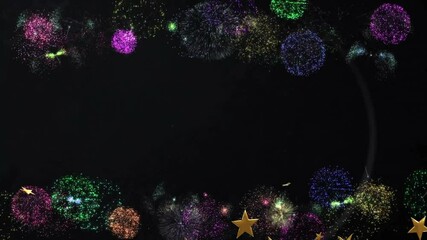 Poster - Colorful fireworks and stars animation on black background, sparkling and glowing