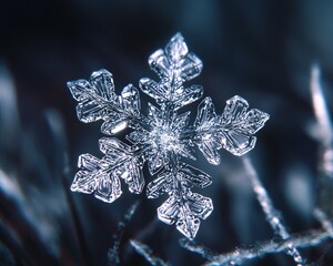 Wall Mural - A delicate and intricate snowflake with six points, captured in close-up.