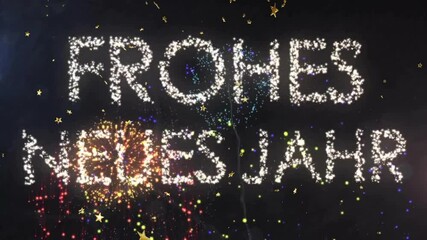 Poster - Frohes neues Jahr text animation with fireworks and stars on dark background