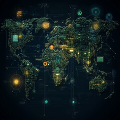 A digital world map with glowing nodes and lines.