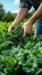 A farmer's hand harvests fresh kale from a garden.