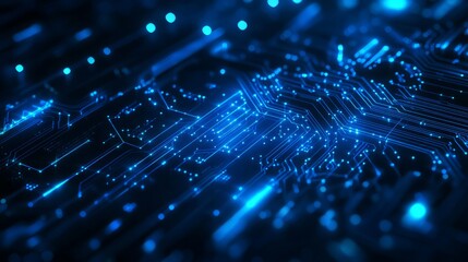 Poster - Thin circuit trace lines in blue on a dark technology background. Abstract digital tech bg. Electronics and computer technology concept. Chip and circuit board. Vector illustration. Chip connectors.