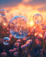 Sticker - A field of flowers with soap bubbles at sunset, reflecting the golden light of the sky.