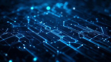 Poster - Thin circuit trace lines in blue on a dark technology background. Abstract digital tech bg. Electronics and computer technology concept. Chip and circuit board. Vector illustration. Chip connectors.
