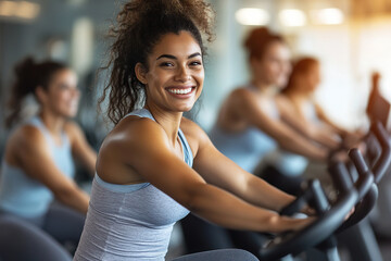 Wall Mural - Woman Smiling During Cardio Workout on Stationary Bike in Gym