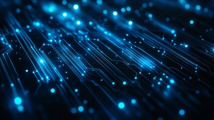 Poster - Thin circuit trace lines in blue on a dark technology background. Abstract digital tech bg. Electronics and computer technology concept. Chip and circuit board. Vector illustration. Chip connectors.