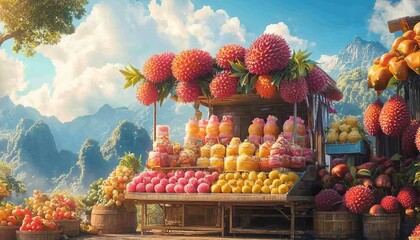 Poster - A fruit stand with various tropical fruits, including lychees, lemons, and mangos, is situated in front of a mountain range with a blue sky and white clouds above.