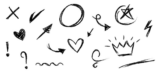 Poster - Hand drawn set of doodle emphasis design elements. Crown, arrow, heart, exclamation, star. used for infographic concept design