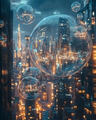 A futuristic cityscape reflected in a giant soap bubble, with smaller bubbles floating around.