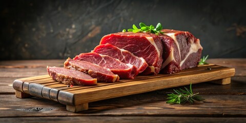 Wall Mural - tilted angle meat sliced from delicacies on a wooden stand