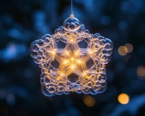 Poster - A glass star-shaped ornament with warm, glowing lights hanging against a blue bokeh background.