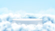 © Olena Go - Platform in clouds or smoke. Realistic vector background, white podium in blue sky. Mockup for product display, abstract stage in fog