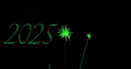 Poster - Green fireworks animation with 2025 text on black background