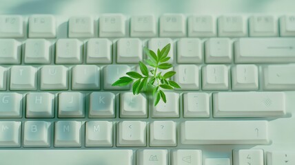 White keyboard with green plant growing from keys,representing Moral,Ethics in information technology,Green IT computing concept,Carbon efficient technology,Digital sustainability,global warming.