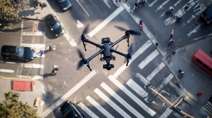 Overhead aerial view of a police drone monitoring a busy intersection and crosswalk from above