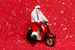 © deagreez - Portrait of his he nice bearded cheerful cheery funky Santa hipster riding retro moped having fun wintertime fooling isolated on bright vivid shine vibrant red color background