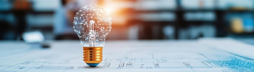 Poster - Sparkling light bulb on a blueprint design, close up, focus on, copy space, clean white and blue shades, Double exposure silhouette with entrepreneurs planning