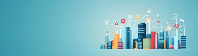 Poster - Smart buildings with IoT integration, flat design, front view, connected city theme, cartoon drawing, Complementary Color Scheme