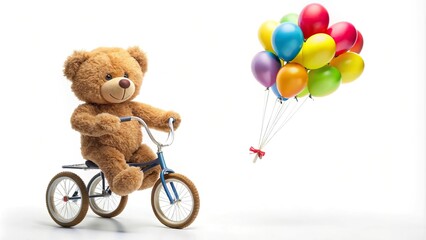 Tilted angle teddy bear on tricycle with balloons isolated