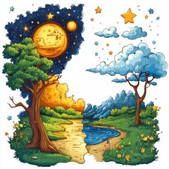 Wall Mural - A simple bright cartoon scene for a song for kids showing night on the left and day on the right blended together.
