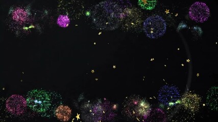 Poster - Animated fireworks and stars on black background, colorful display in night sky