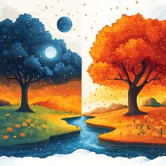 Wall Mural - A simple bright cartoon scene for a song for kids showing night on the left and day on the right blended together.