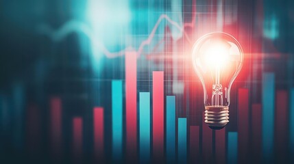 Poster - Light bulb shining above bar graph growth, close up, focus on, copy space, bold red and blue shades, Double exposure silhouette with business progress