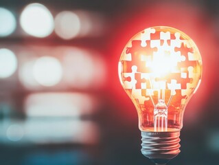 Light bulb glowing over a puzzle piece, close up, focus on, copy space, bright red and yellow theme, Double exposure silhouette with problemsolving