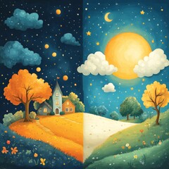 Wall Mural - A simple bright cartoon scene for a song for kids showing night on the left and day on the right blended together.